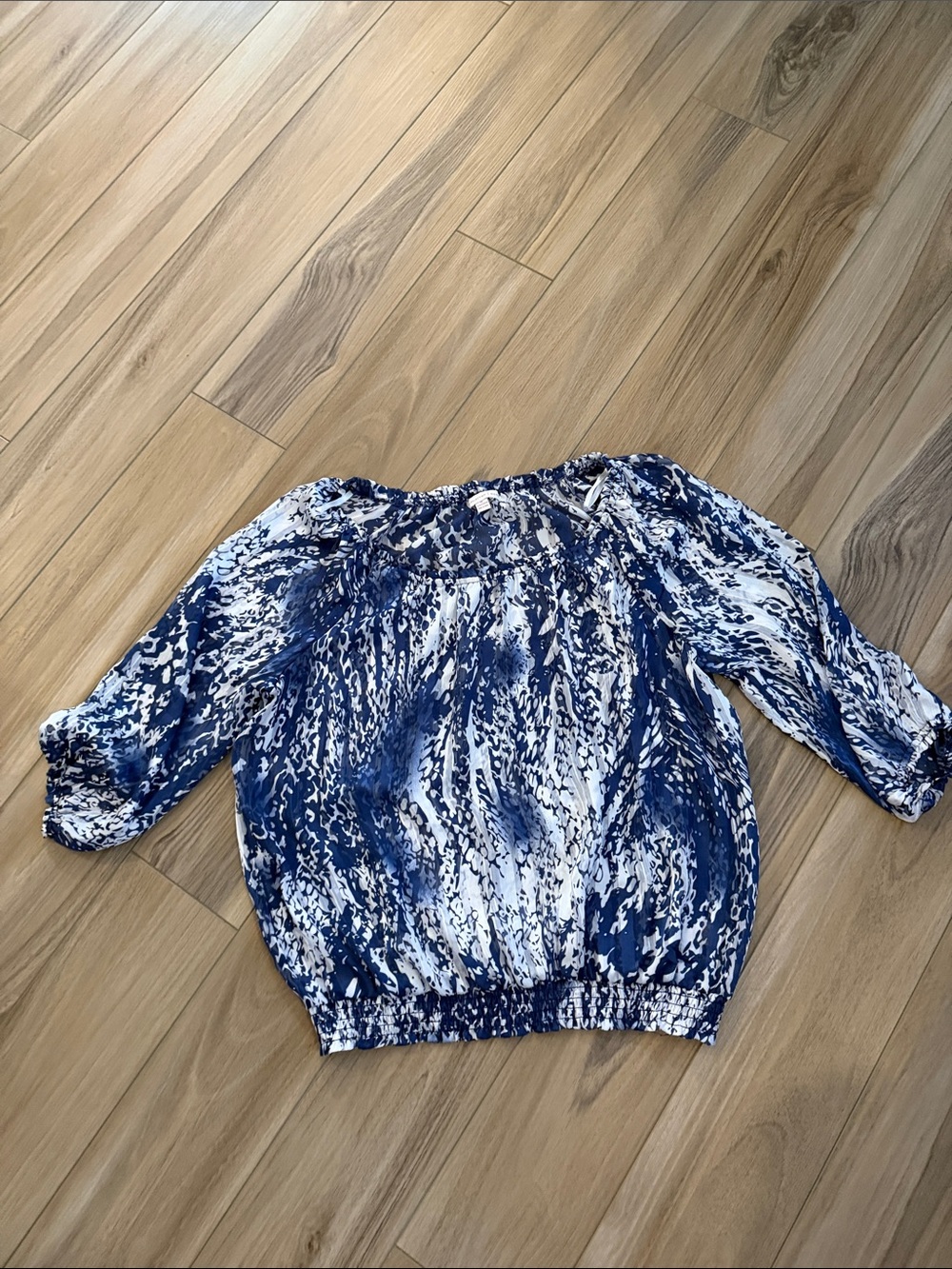 Blue & White Printed Off-Shoulder Smocked Blouse